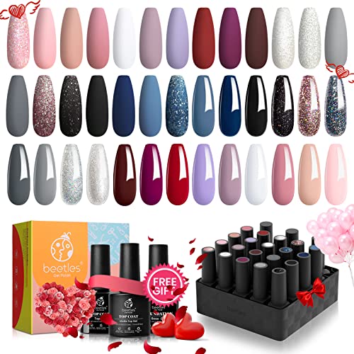Beetles 20 Pcs Gel Nail Polish Kit, Modern Muse Collection Soak off Nail Lamp Nude Gray Pink Blue Glitter Gel Polish Starter Kit with Glossy & Matte Top Gel Base Coat Valentine's Day Gifts for Women