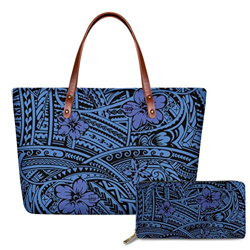 GIFTPUZZ Retro Polynesia Hibiscus Shoulder Bags Tote with Purses, Women Large Satchel Hobo Bag Neoprene Handbags with Wallet Designer PU Leather Purse Long Clutch Portable Bags for Ladies Blue