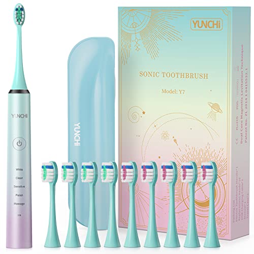 YUNCHI Electric Toothbrush for Adults & Kids, Y7 Rechargeable Sonic Electric Toothbrushes, 10 Dupont Brush Heads, 5 Modes Fast Charge for 30 Days, 40,000 VPM Motor & 2 Mins Timer Tooth Brush, Green