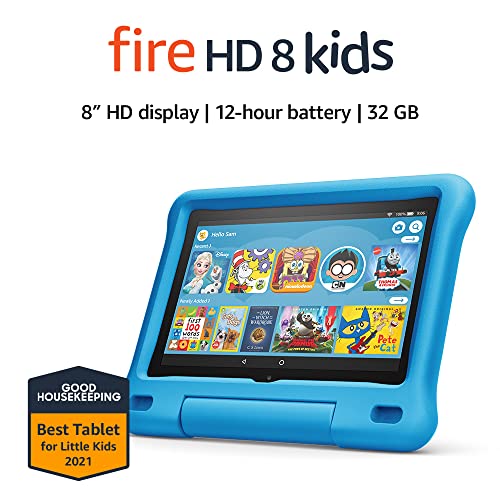 Fire HD 8 Kids tablet, 8' HD display, ages 3-7, 32 GB, includes a 1-year subscription to Amazon Kids+ content, Blue Kid-Proof Case, (2020 release)