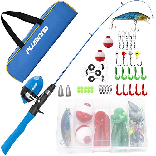 PLUSINNO Kids Fishing Pole with Travel Bag, Telescopic Fishing Rod and Reel Combos with Spincast Fishing Reel Full Kits for Kids,Boys,Youth Fishing (Blue Handle with Spincast Reel, 115CM 45.27IN)