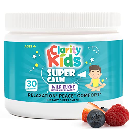 Clarity Kids Super Calm | Magnesium Chewable Vitamin for Children Comfort Focus and Relaxation | All Natural Calm Supplement with L-Theanine | USA Made | 30 Piece