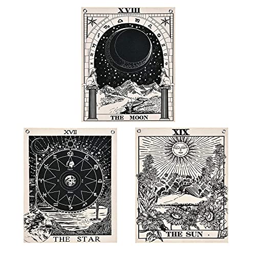 Likiyol Pack of 3 Tarot Tapestry The Sun The Moon The Star Tarot Card Tapestry with Rustproof Grommets, Seamless Nails (Black white, 11.8 x 15.7 inches)