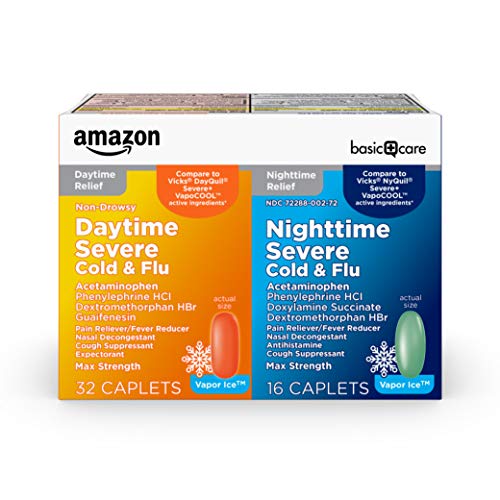 Amazon Basic Care Vapor Ice Daytime and Nighttime Severe Cold and Flu, Coated Caplets, Combo Pack, 48 Count