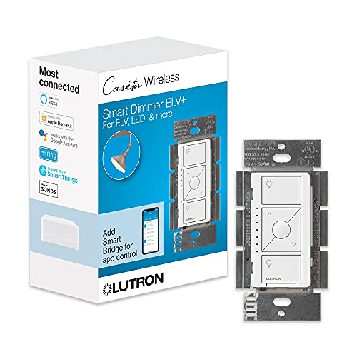 Lutron Caseta Smart Dimmer Switch for ELV+ Bulbs, 250W LED, PD-5NE-WH, White