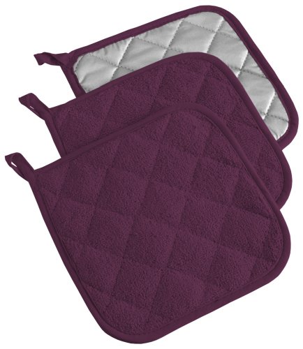 DII Basic Terry Collection Quilted 100% Cotton, Potholder, Eggplant, 3 Piece