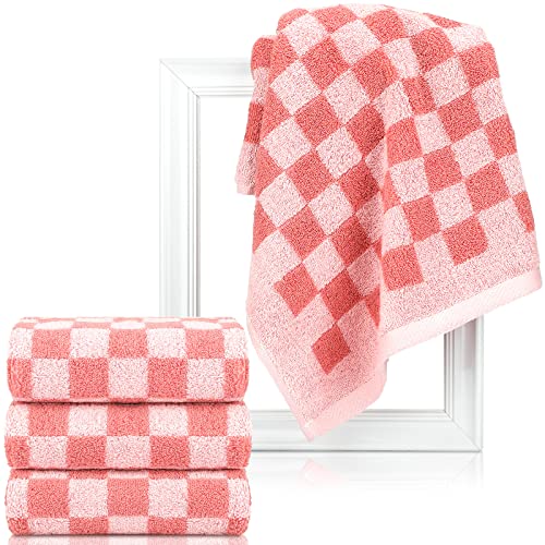 Bathroom Checkered Hand Towels Set of 4 Retro Checkerboard Bath Towels Kitchen Towels Highly Absorbent Soft Towels for Bath Dorm Teens, 13 x 29 Inch (Pink Plaid)