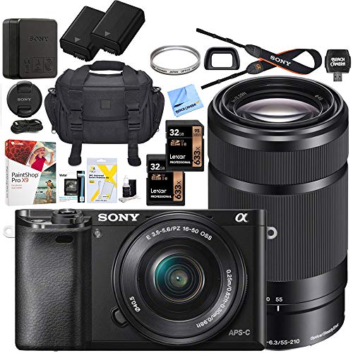 Sony Alpha a6000 Mirrorless Digital Camera with 16-50mm Lens Bundle with 55-210mm Zoom E-Mount Lens, 32GB Memory Card, Camera Bag, Paintshop Pro, 40.5mm Filter and Camera Battery