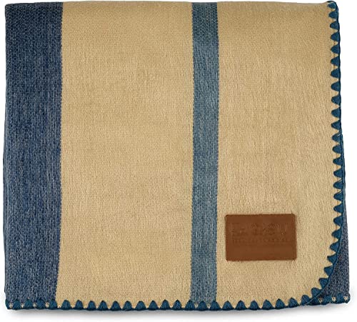 Qisu Alpaca Wool Blanket Throw | Queen, Beautiful, Warm, Stripes | 85 x 65 inches | Ultra-Soft, Hypoallergenic and Breathable | Non-Itchy or Scratchy (Camel and Sky Blue Stripe)