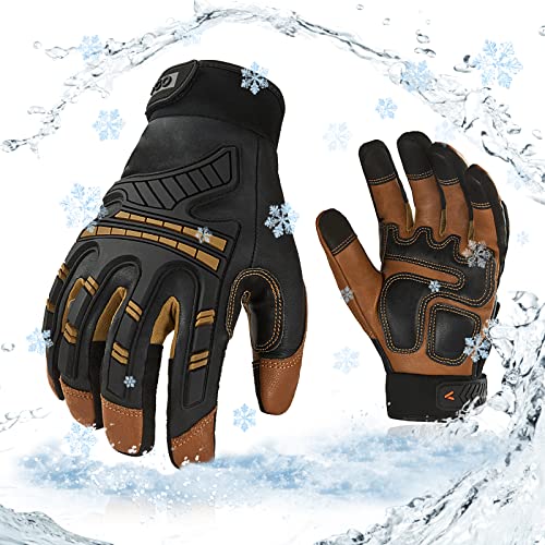 Vgo... 1-Pair -4℉ or above Winter Waterproof High Dexterity Heavy Duty Mechanic Glove, Rigger Glove, Anti-vibration, Anti-abrasion, Touchscreen (Size L, Brown, GA8954FW)