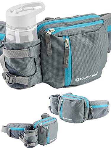 Aquatic Way Waist Bag Fanny Pack with Water Bottle Holder For Men Women Running Hiking Travel Biking - Fit All Phone Sizes Wallet Passport Key - Extra Waist Pockets Lightweight Adjustable (Grey)