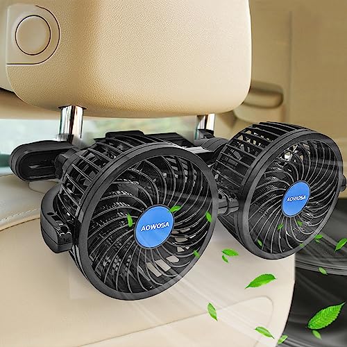 AOWOSA Car Fan for Backseat Auto 12V Electric Cooling Fan Portable Car Seat Headrest Fan for Sedan SUV RV Boat, with 360° Rotatable Dual Head, Stepless Speed Regulation, Cigarette Lighter Plug