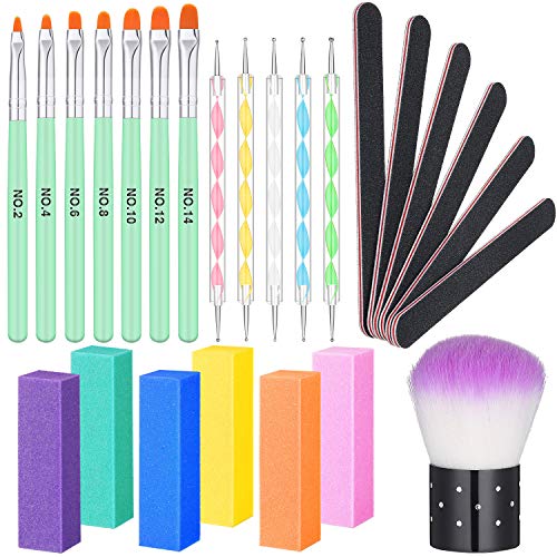 25 Pieces Acrylic UV Gel Nail Art Brushes Set, Include Painting Drawing Poly Nail Brushes Nail Dotting Tip Pens Nail Files and Buffers Nail Art Dust Remover Powder Brushes for Salon Builder Design Use