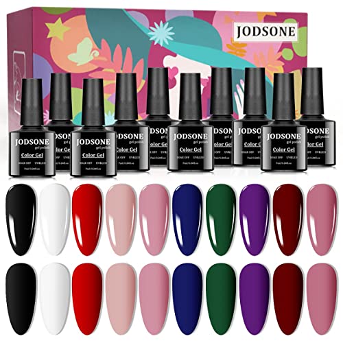 JODSONE Gel Nail Polish Starter Kit 10 Colors Black White Pink Green Soak off Gel Polish Suitable for All Seasons No Wipe Nail Gel Polish Set