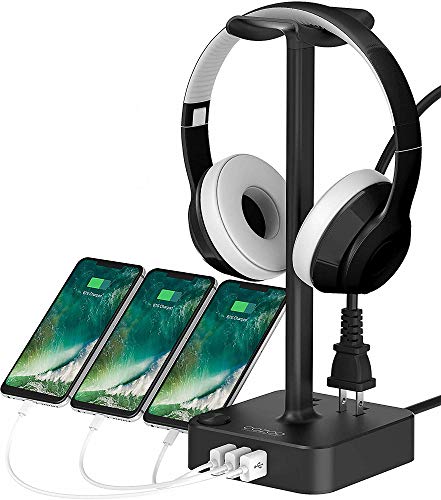 COZOO Headphone Stand with USB Charger Desktop Gaming Headset Holder Hanger with 3 USB Charger and 2 Outlets - Suitable for Gaming, DJ, Wireless Earphone Display (Black)