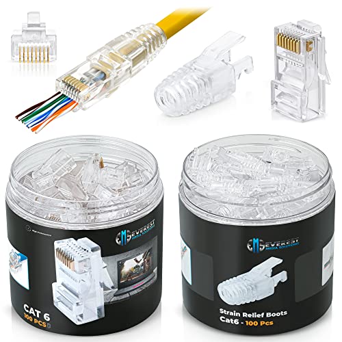 Everest Media Solutions RJ45 Cat6 Pass Through Connectors and Strain Relief Boots - Pack of 100/100 - EZ to Crimp Modular Plug for Solid or Stranded UTP Network Cable - Male Ethernet Connector End