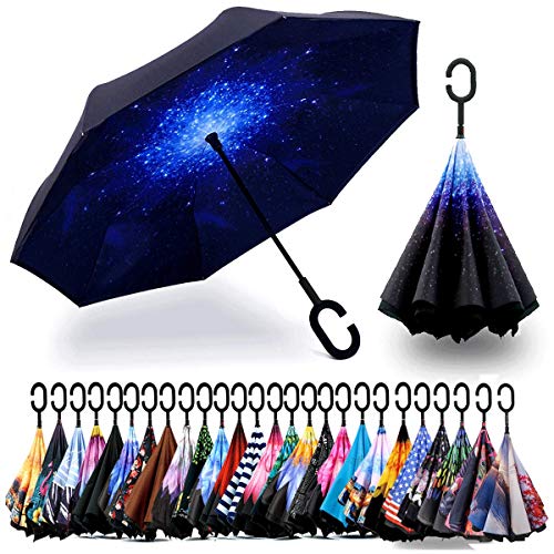 SIEPASA Spar. Saa Double Layer Inverted Umbrella with C-Shaped Handle, Anti-UV Waterproof Windproof Straight Umbrella for Car Rain Outdoor Use