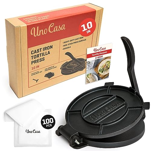 Uno Casa Cast Iron Tortilla Press 10 Inch - Pre-Seasoned Quesadilla Maker, Tortilla and Roti Maker With Bonus 100 Pcs Parchment Paper - Pataconera for Flour Tortilla, Tawa or Dosa