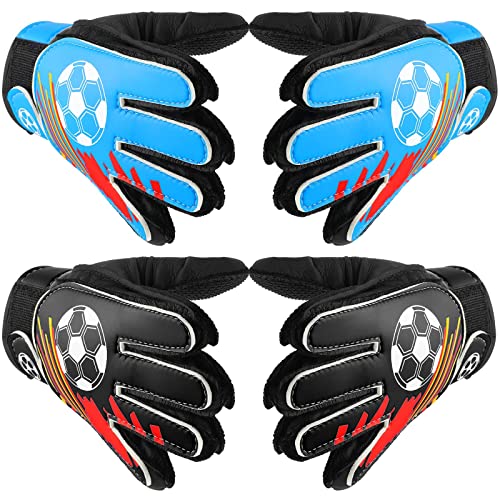 SATINIOR 2 Pairs Goalkeeper Goalie Gloves Kid Football Soccer Gloves Non Slip Latex Goalkeeper Gloves with Protection Gloves Double Wrist Design for Boy and Girl Training (4-8 Years, Blue, Black)