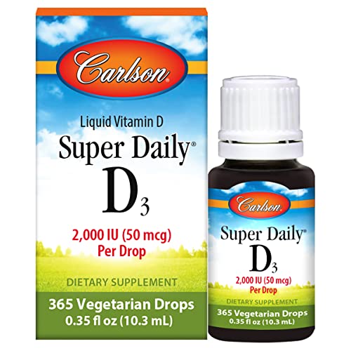 Carlson - Super Daily D3 2000 IU (50 mcg) per Drop, Vitamin D Drops, Liquid Vitamin D3, 1-Year Supply, Unflavored, 365 Drops (10.3 mL)