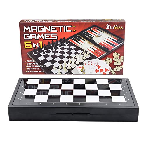 5 in 1 Magnetic Chess Checkers Dominoes Backgammon and Cards Set, Mini Travel Size Multi Board Games