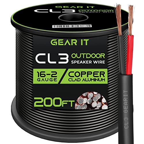 GearIT 16/2 Speaker Wire (200 Feet) 16 Gauge (Copper Clad Aluminum) - Outdoor Direct Burial in Ground/in Wall / CL3 CL2 Rated / 2 Conductors - CCA, Black 200ft