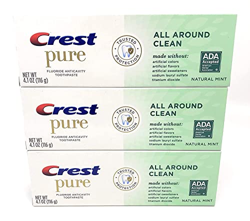 Crest Pure All Around Clean Fluoride Anticavity Toothpaste, Made Without Artificial Colors, Flavors, or Sweeteners - Natural Mint 4.1 oz (Pack of 3)