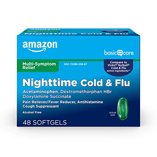 Amazon Basic Care Nighttime Cold and Flu Relief Softgels, 6 Hour Cold Medicine, Relieves Major Flu Symptoms So You Can Rest, 48 Count