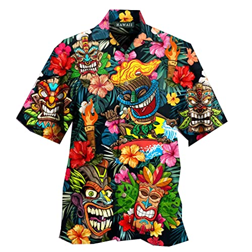 Tropical Tiki Hawaiian Shirts for Men - Summer Tiki Button Down Mens Hawaiian Shirts Short Sleeve Series 83 Size XL