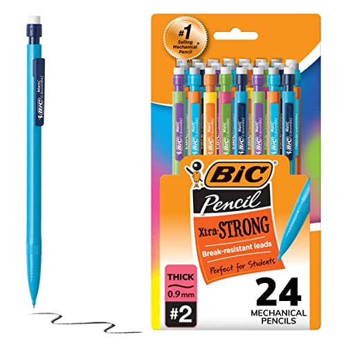 BIC Xtra-Strong Thick Lead Mechanical Pencil, With Colorful Barrel Thick Point (0.9mm), 24-Count Pack, Mechanical Pencils With Erasers (MPLWP241)