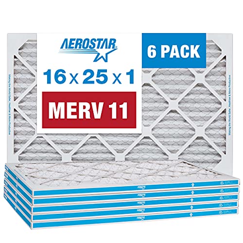 Aerostar 16x25x1 MERV 11 Pleated AC Furnace Air Filter, 6 Pack (Actual Size: 15 3/4'x 24 3/4' x 3/4')