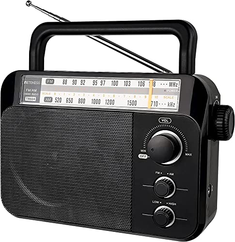 Retekess TR604 AM FM Radio Portable Transistor Analog Radio with 3.5mm Earphone Jack Battery Operated by 3 D Cell Batteries AC Power for Elders (Black)