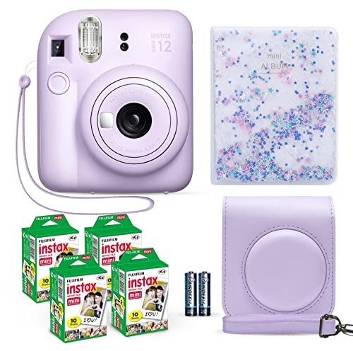 Fujifilm Instax Mini 12 Instant Camera Lilac Purple + Fuji Film Value Pack (40 Sheets) + Shutter Accessories Bundle, Incl. Compatible Carrying Case, Quicksand Beads Photo Album 64 Pockets