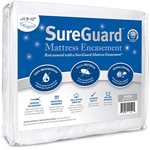 Queen (9-12 in. Deep) SureGuard Mattress Encasement - 100% Waterproof, Bed Bug Proof, Hypoallergenic - Premium Zippered Six-Sided Cover