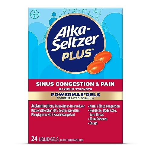 Alka-Seltzer Plus Maximum Strength PowerMax Sinus Congestion and Pain Liquid Gels - Sinus Congestion / Pressure and Pain Relief for Adults and Children 12 Years and Older, 24 Count