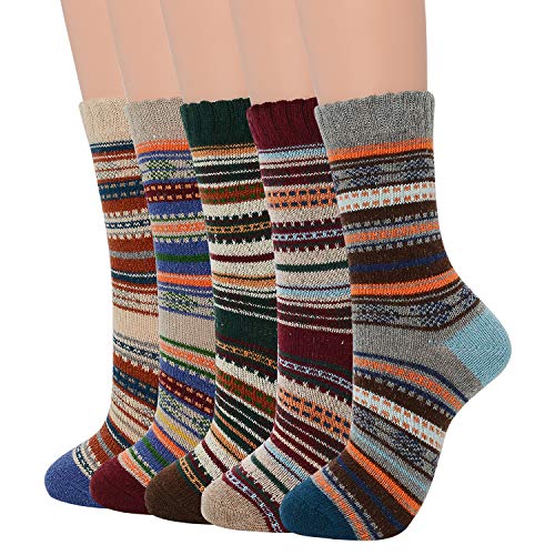 Zando Womens Warm Thick Socks Cozy Wool Sock Comfort Mid Calf Sock Winter Athletic Socks Vintage Cashmere Sock Hiking Crew Socks Cabin Sock Fuzzy Socks For Women 5 Pairs Mixed Color A One Size