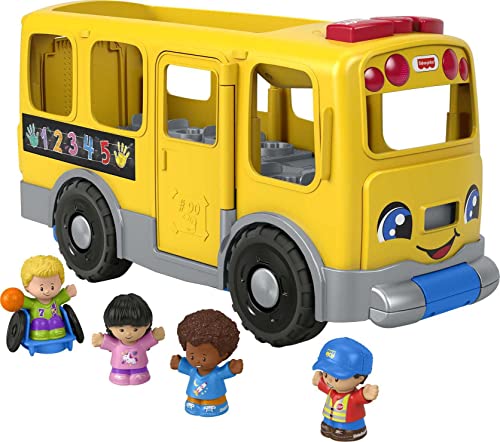 Fisher-Price Little People Toddler School Bus Push Toy with Lights Sounds and Smart Stages Learning Content, 4 Toy Figures​