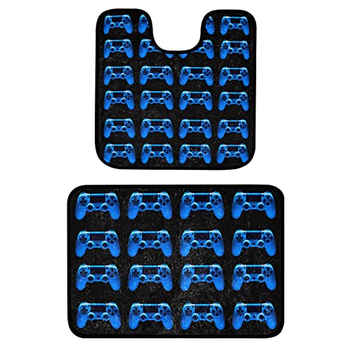 Video Game Joystick Gamepad in Blue Neon Lights Isolated on Black 2-Piece Bathroom Durable Mat Set, U-Shaped Non-Slip Soft Microfiber Plush, Toilet Floor Rug Pads, Absorbent Shower Room Carpet