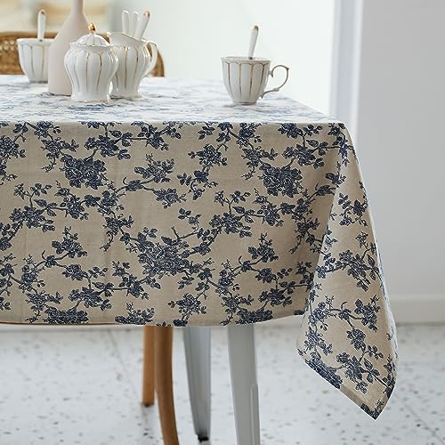 Pastoral Rectangle Tablecloth - 52 x 70 Inch - Linen Fabric Table Cloth - Washable Table Cover with Dust-Proof Wrinkle Resistant for Restaurant, Picnic, Indoor and Outdoor Dining, Floral (Dark Blue)
