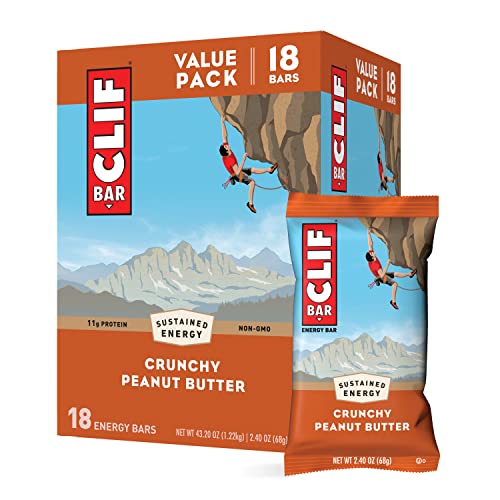 CLIF BARS - Energy Bars - Crunchy Peanut Butter - Made with Organic Oats - Plant Based Food - Vegetarian - Kosher (2.4 Ounce Protein Bars, 18 Count) Packaging May Vary