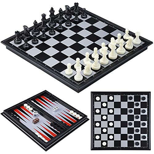 iBaseToy 3 in 1 Magnetic Travel Chess Set for Kids and Adults, Chess Checkers Backgammon Set with Folding Portable Chess Board and Storage Bags, 9.8” x 9.8”, Gift for Boys Girls