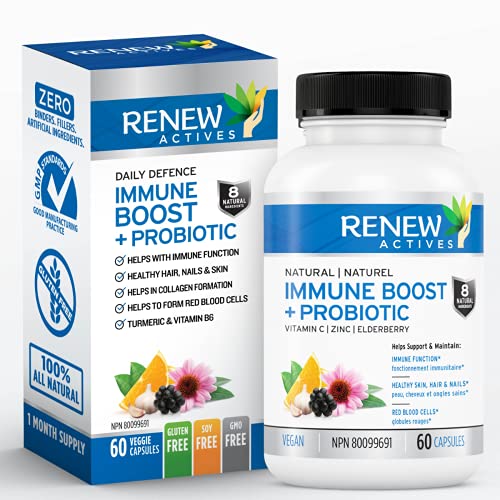 Renew Actives Wellness Support Supplement: Elderberry & Zinc. Body Booster, Probiotic with Zinc, Vitamin C, and Turmeric - Antioxidant Vitamins to Boost Wellness - 60 Vegan Capsules