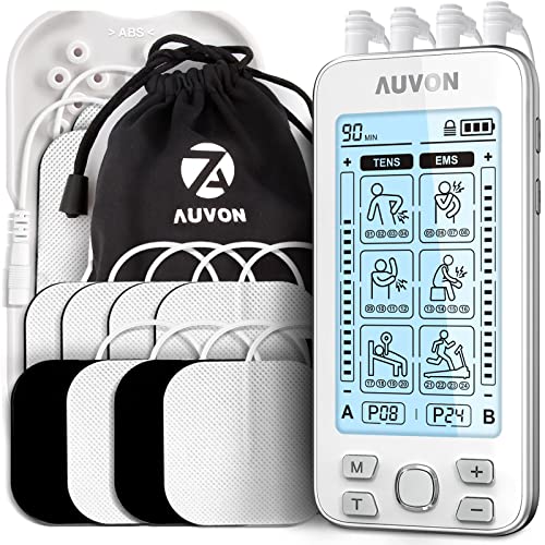 AUVON 4 Outputs TENS Unit EMS Muscle Stimulator Machine for Pain Relief Therapy with 24 Modes Electric Pulse Massager, 2' and 2'x4' Electrodes Pads (White)