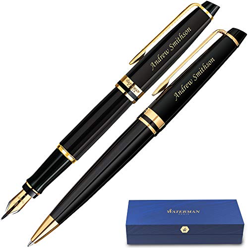 Dayspring Pens Personalized Waterman Expert Fountain & Ballpoint Gift Pen Set - Black Gold. Custom Engraved