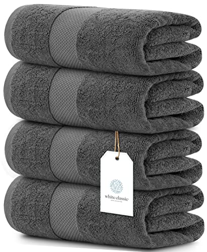 Luxury White Bath Towels Large - 100% Soft Cotton 700 GSM | Absorbent Hotel Bathroom Towel | 27 inch X 54 inch | Set of 4 | Gray