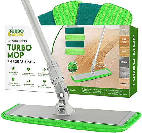 Turbo Microfiber Mop Floor Cleaning System - 18-inch Dust Mop with 4 Reusable Pads for Hardwood and Tile, 360-Spin Floor Mop Head & Extendable Handle - Household Cleaning Tools