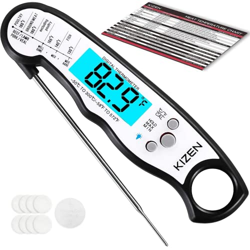 KIZEN Digital Meat Thermometer with Probe - Waterproof, Kitchen Instant Read Food Thermometer for Cooking, Baking, Liquids, Candy, Grilling BBQ & Air Fryer - Black/White