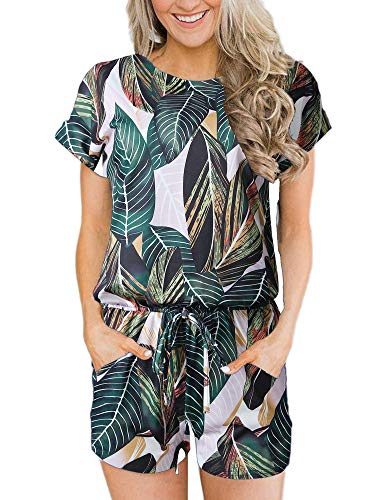 ANRABESS Women's Rompers Crewneck One Piece Printed Short Sleeve Elastic Waist Romper Loungewear with Pockets Shuye-M BYF-33