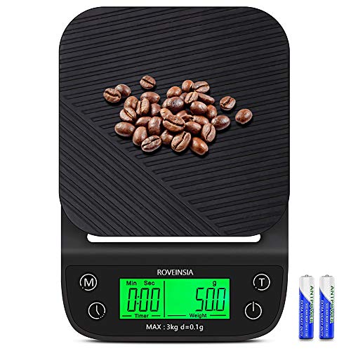 Roveinsia Coffee Scale, Coffee Scale with Timer 3000g/0.1g High Precision Pour Over Drip Espresso Scale with Back-Lit LCD Display (Batteries Included)