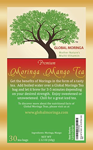 Global Moringa - Delicious Organic Moringa Tea with Mango Leaf Tea (30 Tea Bags) Ghana Grown, American Seller